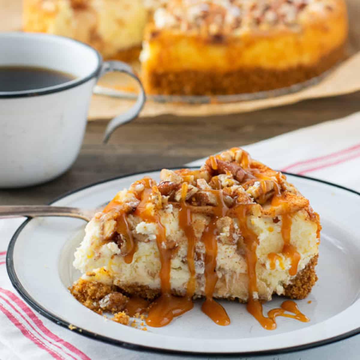 slice of apple pecan cheesecake.