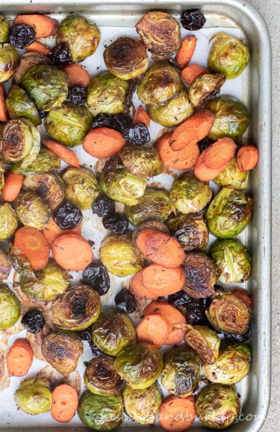 brussel sprouts and carrots on sheet pan