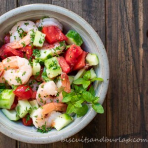 shrimp cucumber salad in bowl.