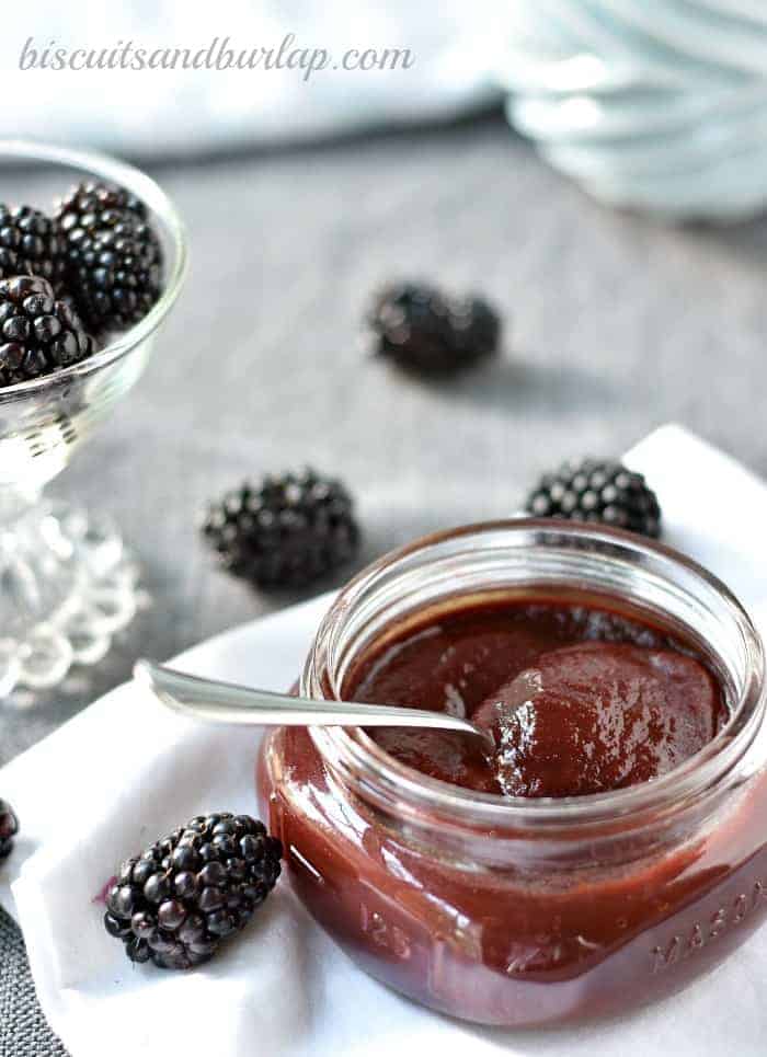jar of blackberry bbq sauce with spoon. 