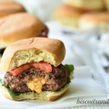 pimento cheese stuffed burger sliders are the perfect tailgate treat From BiscuitsandBurlap.com