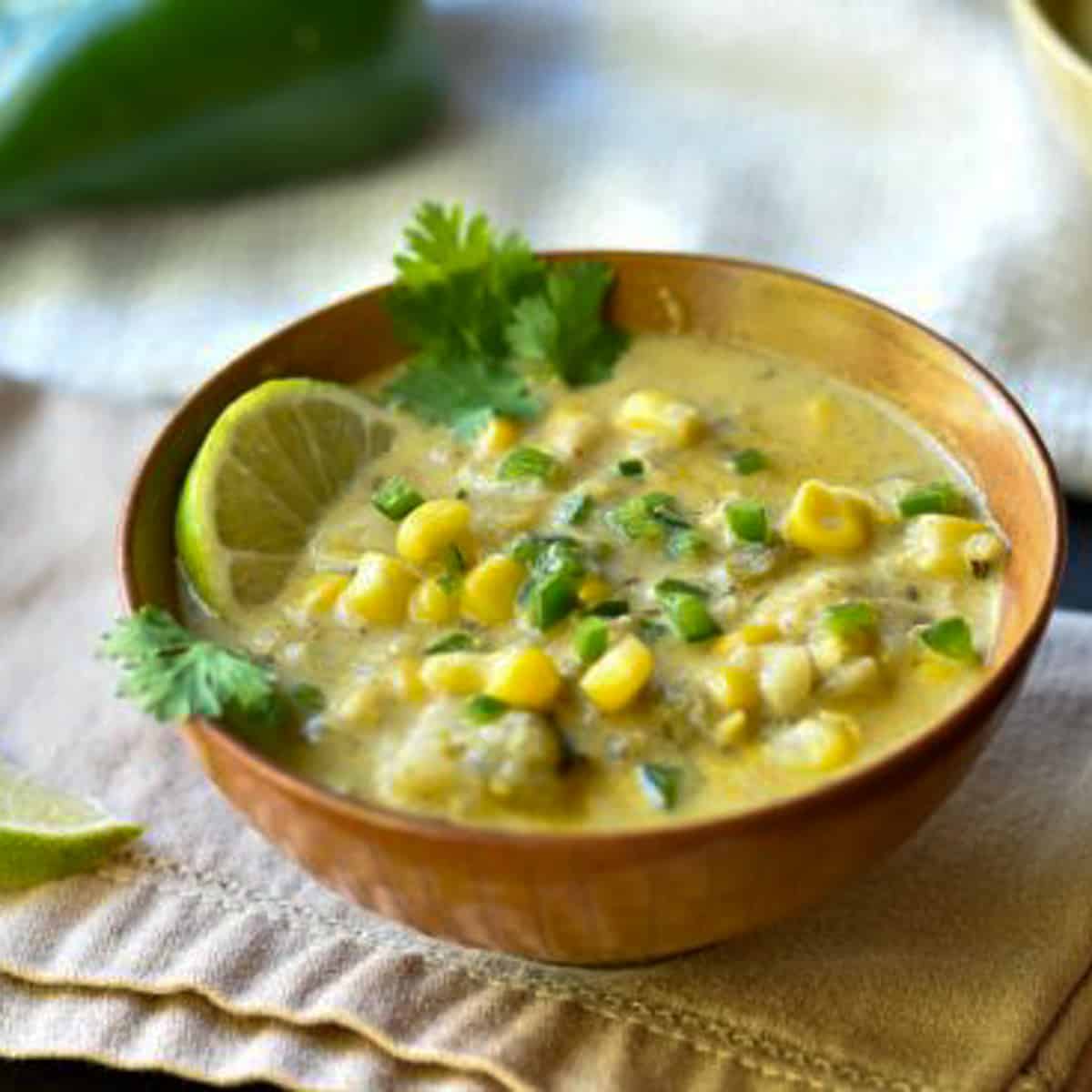 poblano chowder in bowl.