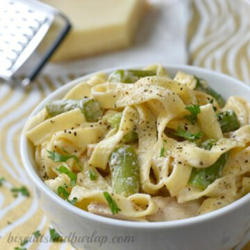 chicken, asparagus and pasta in bowl.
