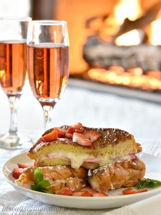 french toast with champagne and fireplace