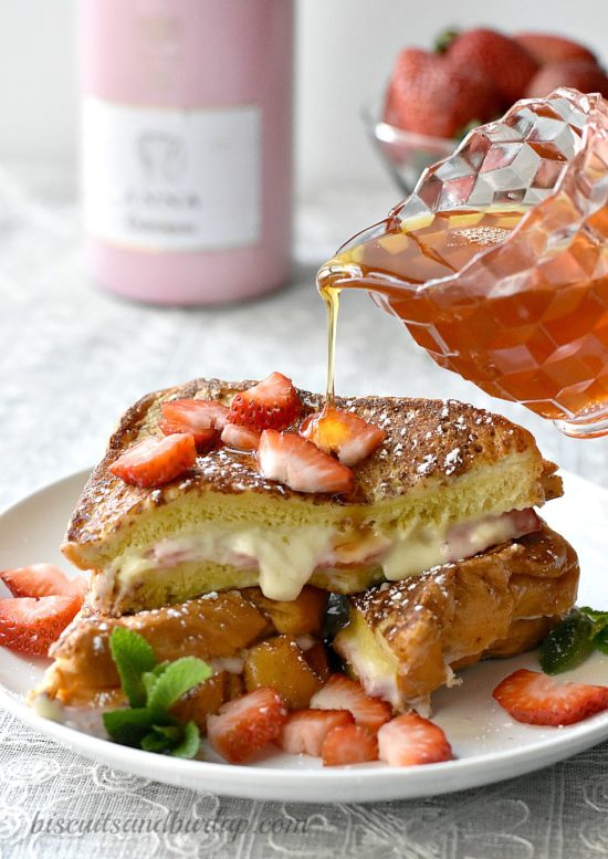 french toast with syrup being poured