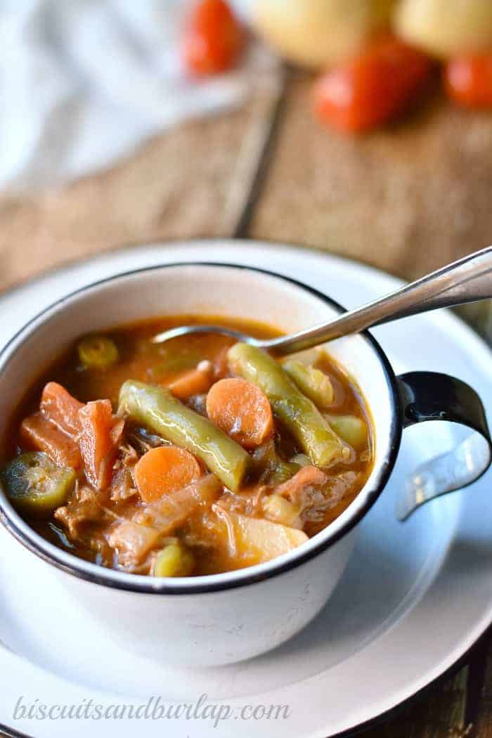 Old fashioned southern style vegetable beef soup from BiscuitsandBurlap.com