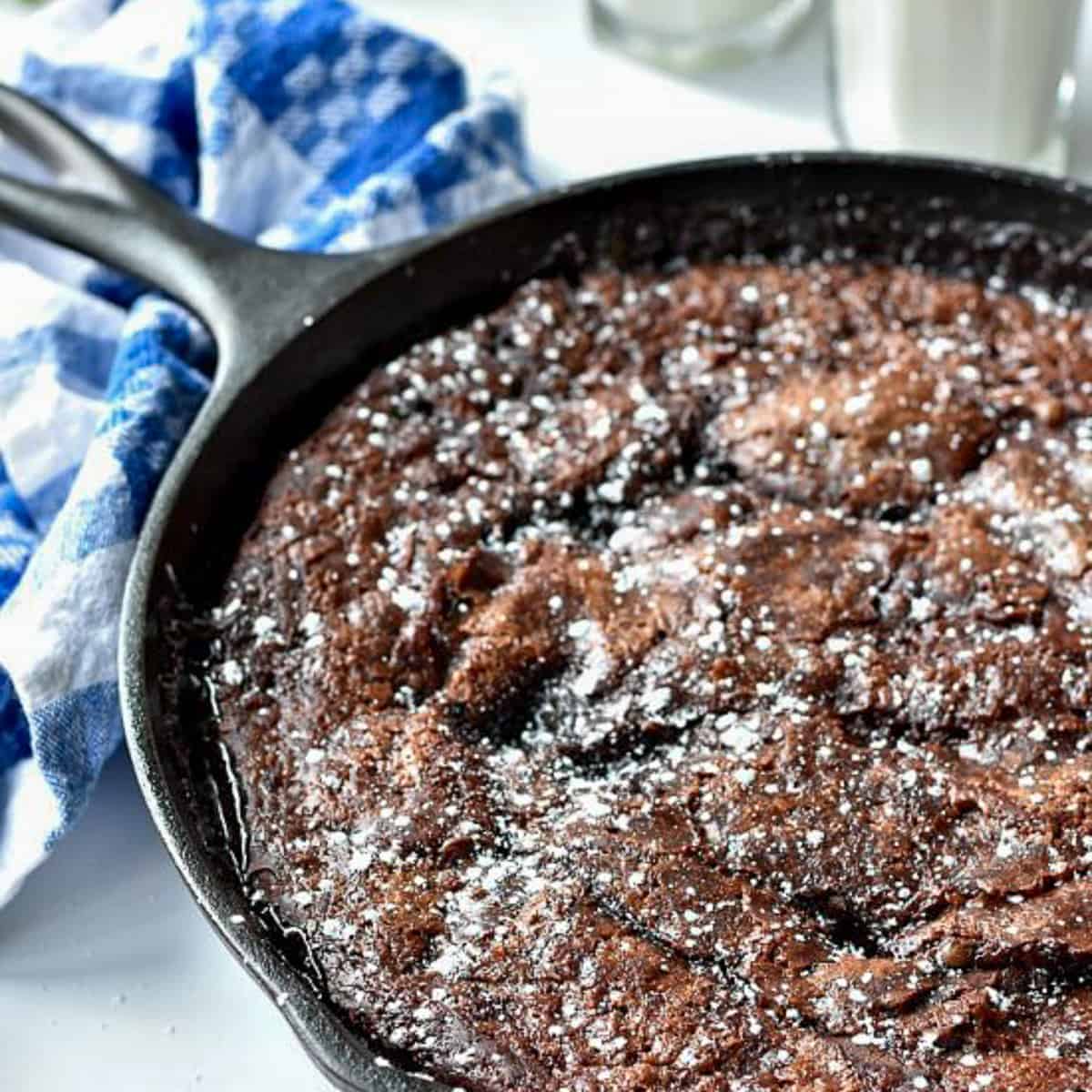 hot fudge pudding cake in skillet.