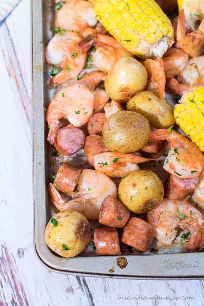 Low Country Boil Sheet Pan Dinner from BiscuitsandBurlap.com