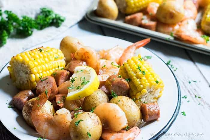 Low Country Boil Sheet Pan Dinner from BiscuitsandBurlap.com