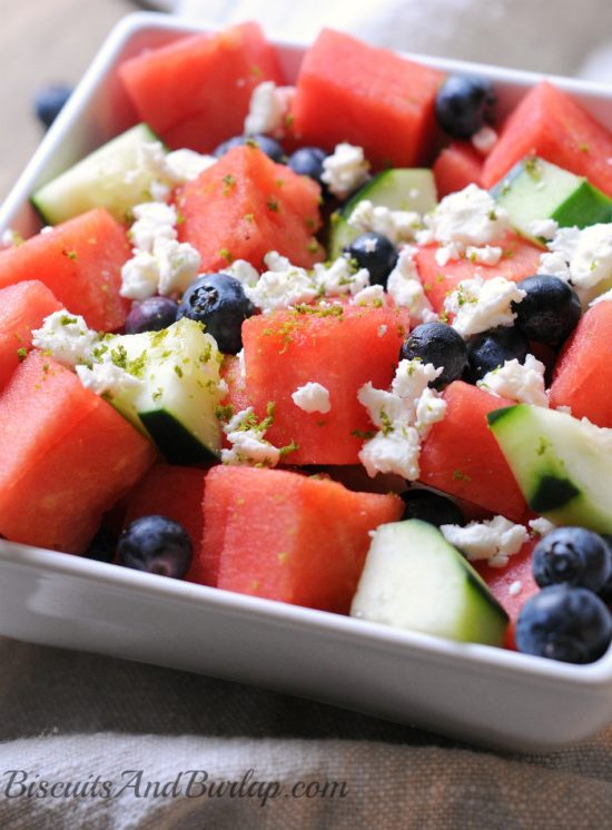 Watermelon salad with feta cheese, blueberries, cucumber, and a lime vinaigrette from Biscuits & Burlap