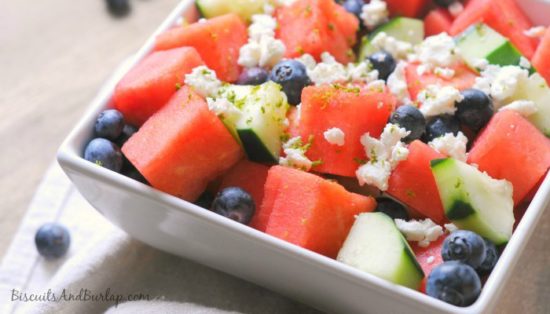 Watermelon salad with feta cheese, blueberries, cucumber, and a lime vinaigrette from Biscuits & Burlap