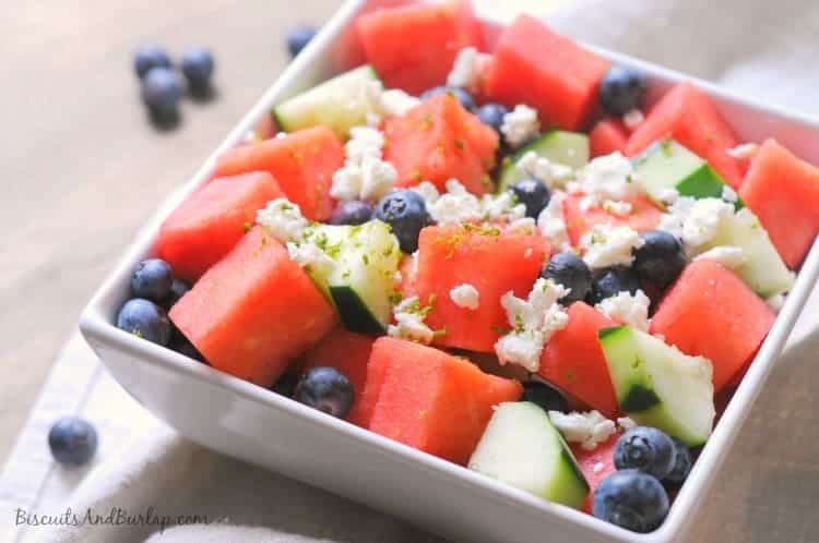 Watermelon salad with feta cheese, blueberries, cucumber, and a lime vinaigrette from Biscuits & Burlap