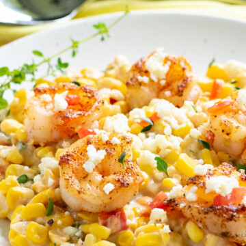 Fresh corn and Peppers are a delicious vegetarian dish, but can be topped with shrimp