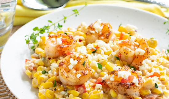 Fresh corn and Peppers are a delicious vegetarian dish, but can be topped with shrimp