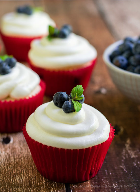 blueberry cupcakes with cream cheese frosting from BiscuitsandBurlap.com