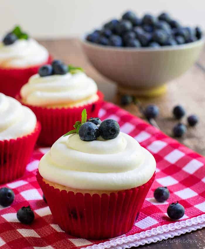 blueberry cupcakes with cream cheese frosting from BiscuitsandBurlap.com