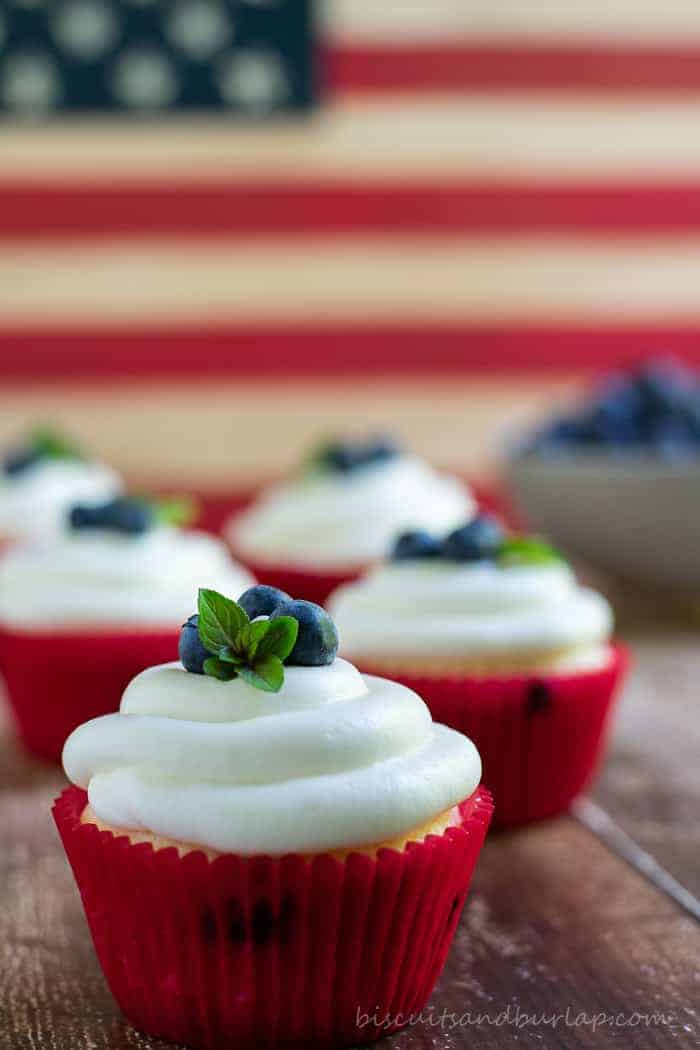 blueberry cupcakes with cream cheese frosting from BiscuitsandBurlap.com