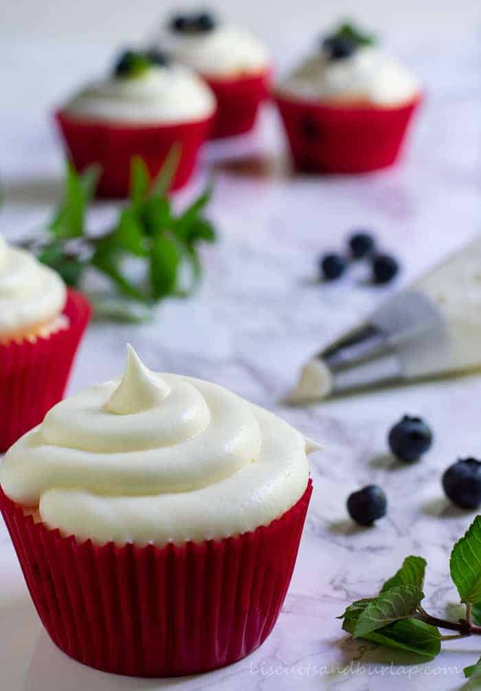 blueberry cupcakes with cream cheese frosting from BiscuitsandBurlap.com