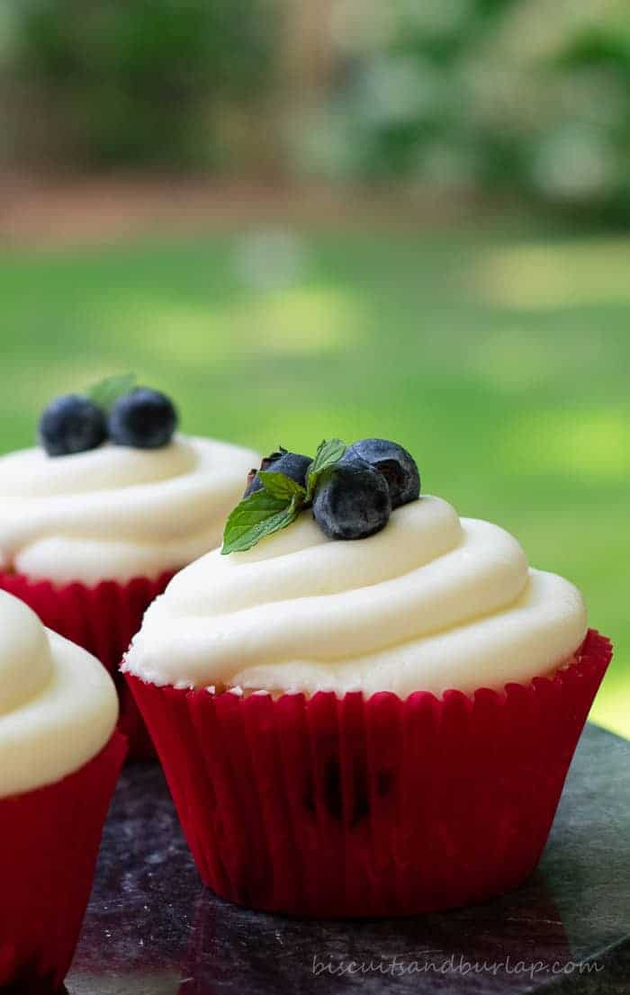 blueberry cupcakes with cream cheese frosting from BiscuitsandBurlap.com