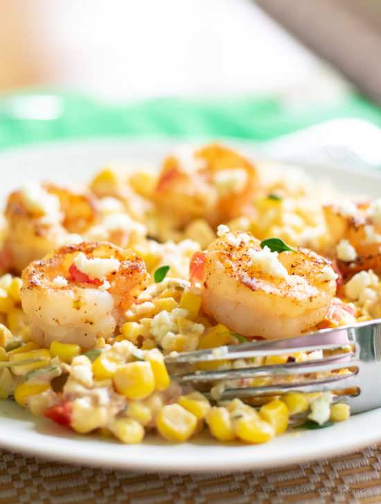 Fresh corn and Peppers are a delicious vegetarian dish, but can be topped with shrimp