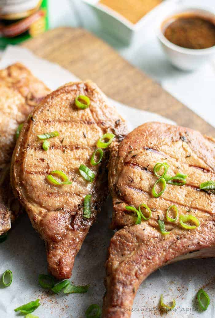 Grilled pork chops with cajun seasoning stay tender with brining