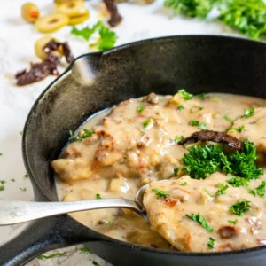 This sauce will sundried tomatoes and olives is great with chicken, over fish, or with pasta as a vegetarian dish