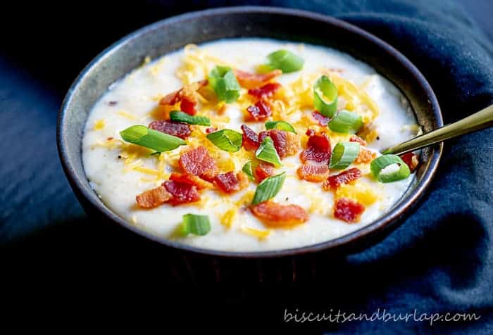 This easy potato soup comes together easily using baked potatoes and is just the way you like it when garnished with all of your favorite toppings.