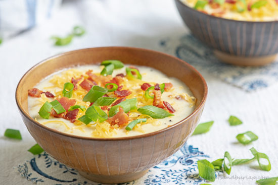 This easy potato soup comes together easily using baked potatoes and is just the way you like it when garnished with all of your favorite toppings.