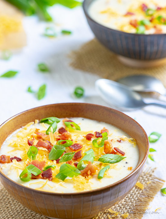 This easy potato soup comes together easily using baked potatoes and is just the way you like it when garnished with all of your favorite toppings.