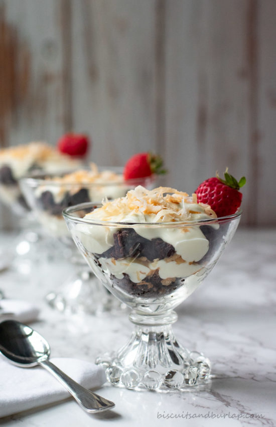 mini chocolate trifles layers of brownie crumbles, creamy cheesecake and toasted coconut