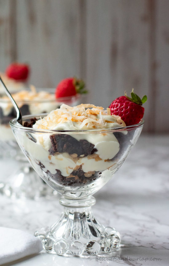 mini chocolate trifles layers of brownie crumbles, creamy cheesecake and toasted coconut