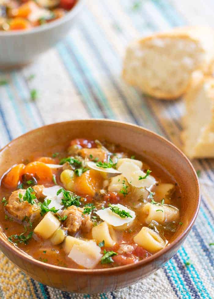 Italian Sausage Soup with Vegetables & Pasta | Biscuits & Burlap