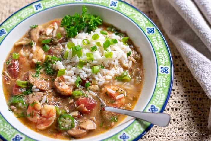 Gumbo with seafood, sausage and chicken from our family recipe.