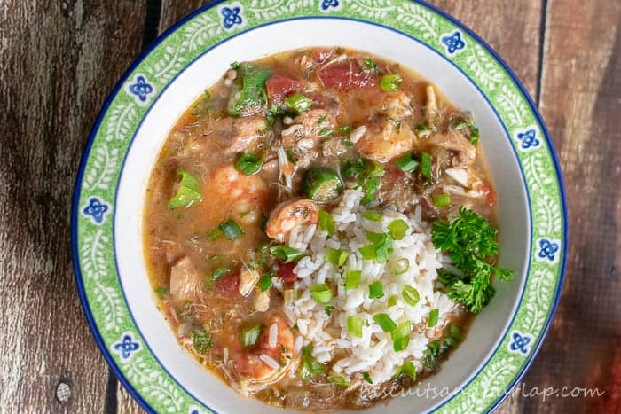 Gumbo with seafood, sausage and chicken from our family recipe.