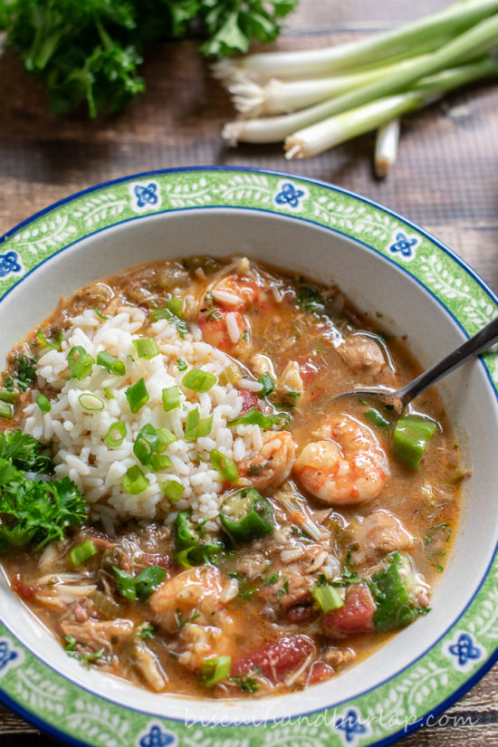 Gumbo with seafood, sausage and chicken from our family recipe.