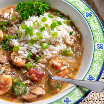 Gumbo with seafood, sausage and chicken from our family recipe.