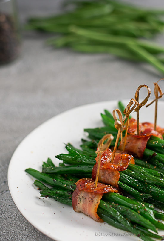 green beans bundled with bacon make an elegant, but easy side dish