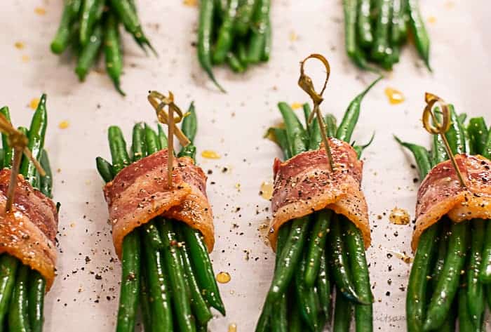 green beans bundled with bacon make an elegant, but easy side dish