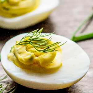 close up of deviled egg.