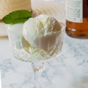 mint julep ice cream in glass dish.