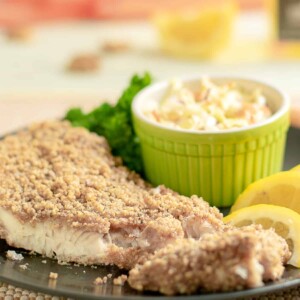 pecan crusted catfish on plate.