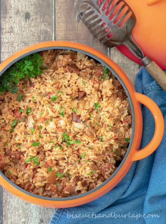 overhead shot of Red Rice - Gullah style.