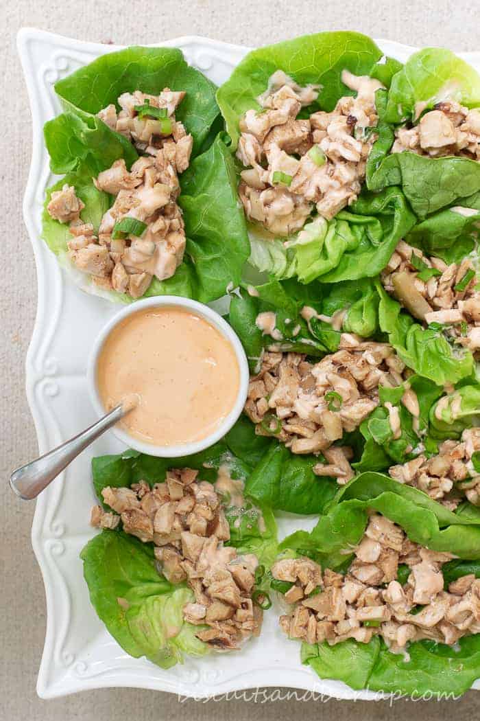 Lettuce Wraps with Grilled Chicken have a spicy sauce