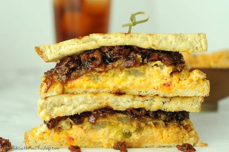 sandwich with fried green tomatoes, pimento cheese, and bacon bourbon jam