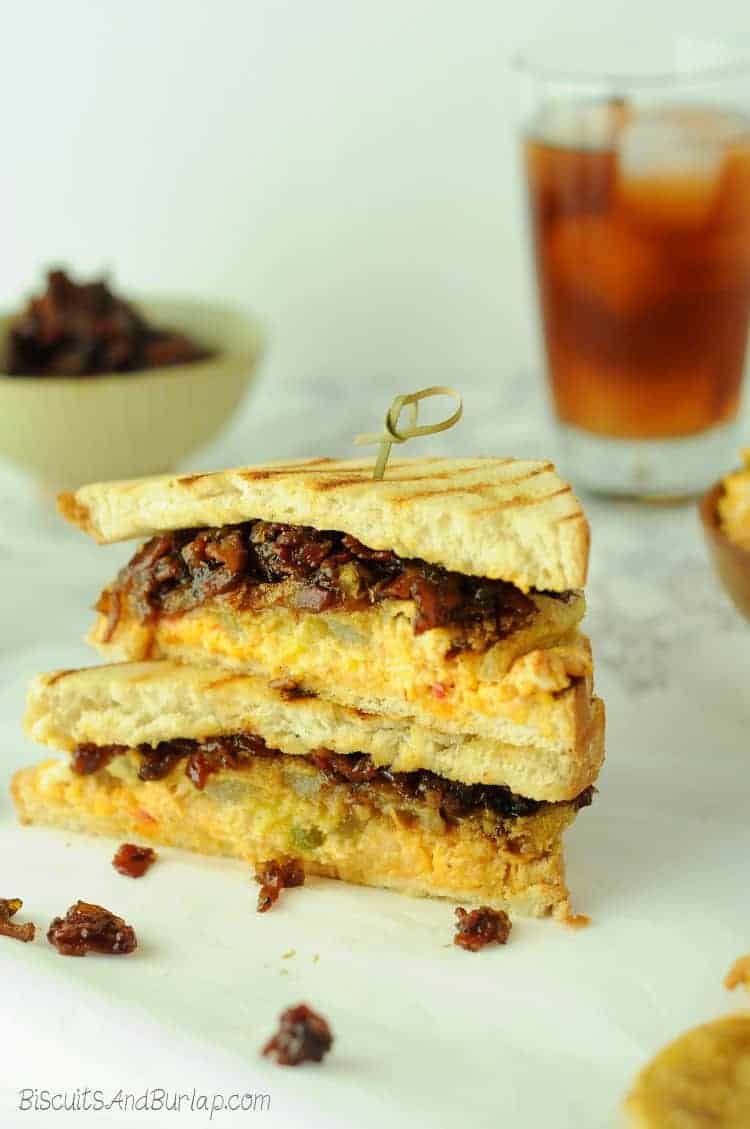 sandwich with fried green tomatoes, pimento cheese, and bacon bourbon jam