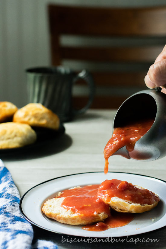 Tomato Gravy over Biscuits is good old fashioned southern comfort food.