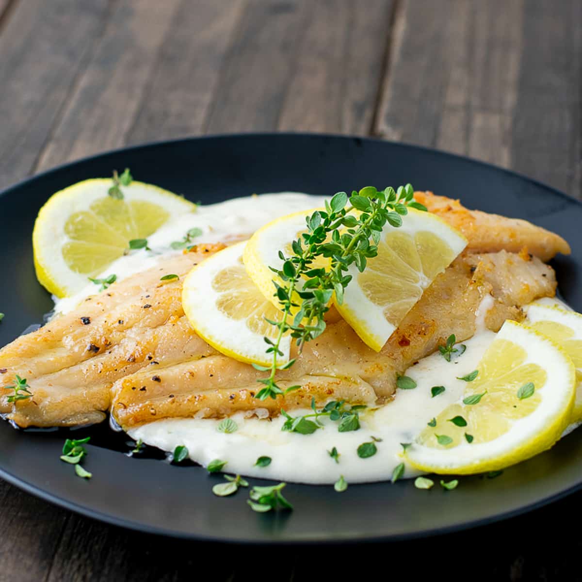 plate with catfish on cream sauce.