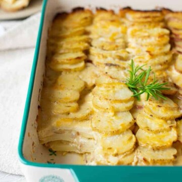 potato gratin with scoop out of corner