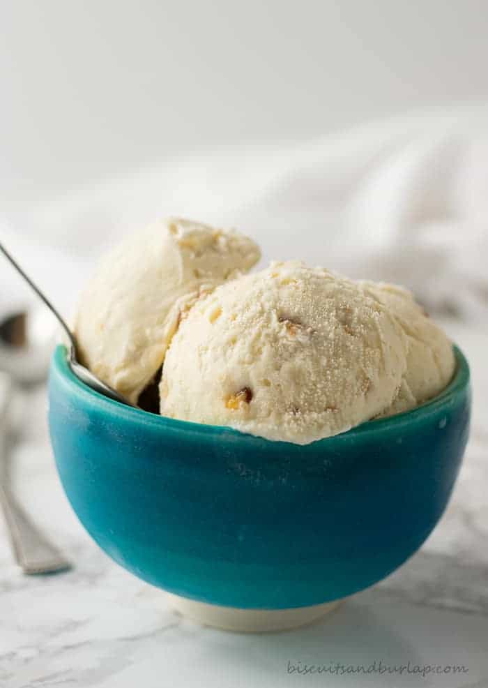 ice cream in blue pottery bowl