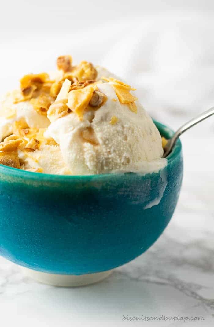 ice cream in blue bowl with pecan brittle on top